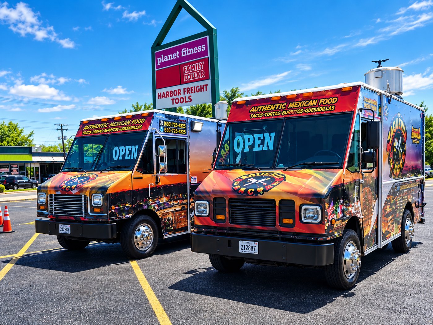 Saavedra Tacos two food trucks, Aurora & Montgomery, IL